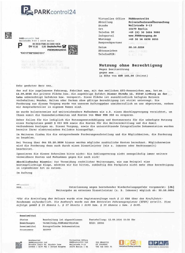 Diese Schreiben von ParkControl24 wurden an Fahrzeugbesitzer versendet, die in der Diezer Stra&szlig;e im Bereich der Hausnummer 12 geparkt hatten. - Zum Artikel: ParkControl24 stellt unberechtigte Ordnungsgeldforderungen
