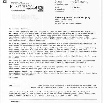 Diese Schreiben von ParkControl24 wurden an Fahrzeugbesitzer versendet, die in der Diezer Stra&szlig;e im Bereich der Hausnummer 12 geparkt hatten.